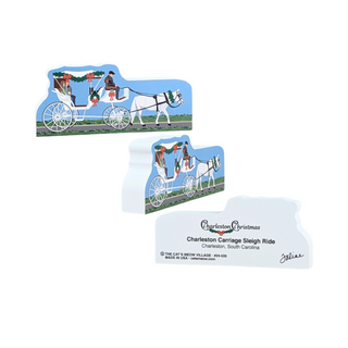3/4" thick wooden illustration of horse and carriage and black text on a white background