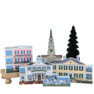 3/4" thick wooden illustrations of a Christmas village