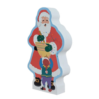 3/4" thick wooden replica with an Illustration of a Santa Claus with a child, on a white background