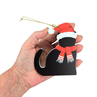 Hand holding a Christmas ornament shaped like a black swan with a red hat and scarf on a white background.