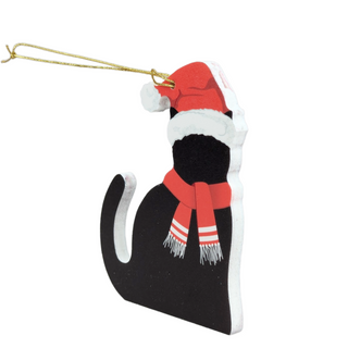Black cat-shaped ornament with a Santa hat and scarf on a white background