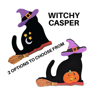 Witchy Casper Halloween decorations with black cats, witch hats, brooms, and pumpkins on a white background.