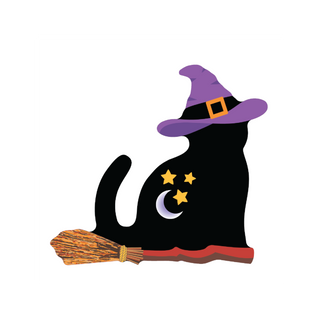 3/4" thick wooden black cat with Witch hat with stars and a broom on a white background