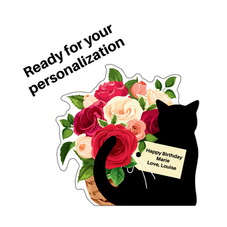 Black cat 3/4" thick wooden cutout  with flowers and a personalized message on a white background