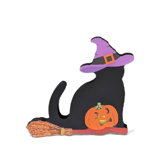 Halloween-themed 3/4" thick wooden black cat decoration with a purple witch hat, broom, and pumpkin on a white background
