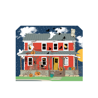 3/4" thick wooden Halloween-themed house with pumpkins, ghosts, and bats against a night sky.