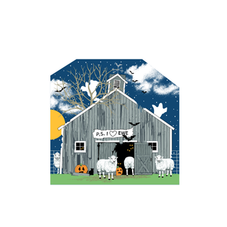 3/4" thick wooden Halloween-themed barn with sheep, pumpkins, and ghosts under a blue sky.