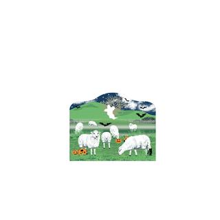 3/4" thick wooden Sheep in a field with Halloween decorations on a white background
