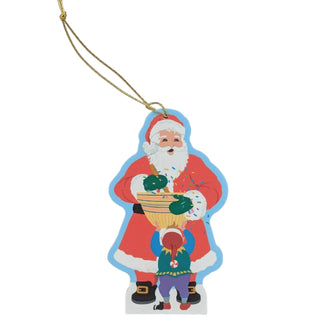 Christmas ornament featuring Santa Claus holding a child and a basket on a white background