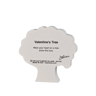 Valentine's Day tree-shaped 3/4" thick wooden cutout with text and branding on a white background