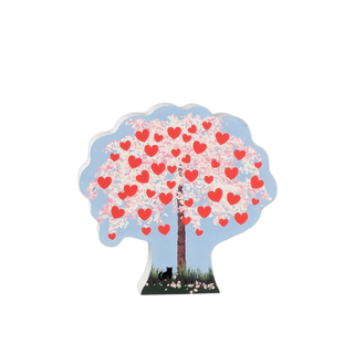 3/4" thick wooden Tree-shaped cutout with pink blossoms and red hearts on a white background