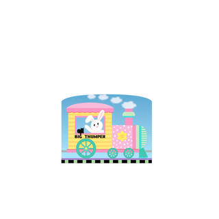 3/4" thick wooden replica with an illustration of a Colorful train-shaped object with a rabbit character and 'Big Thumper' text on a blue background