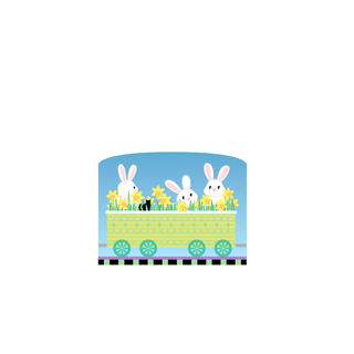 3/4" thick wooden replica with an illustration of two bunnies and daffodils on a blue background
