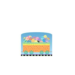 3/4" thick wooden replica with an illustration of a Colorful Easter-themed train car with eggs and a cat on a blue background