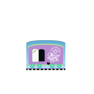 3/4" thick wooden replica with an illustration of a Colorful Easter train car with 'He is Risen' text and open door design on a white background