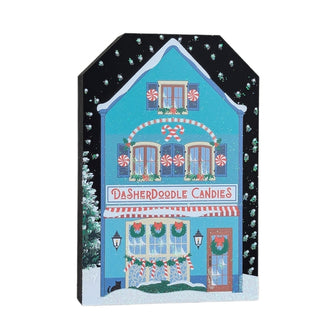 3/4" thick wooden replica with an illustration of a  candy store named 'DasherDoodle Candies' with festive decorations.