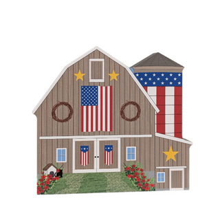 3/4" thick wooden Illustration of a barn with American flag decorations on a white background