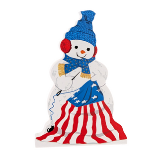 3/4" thick wooden snowman sewing american flag on white background