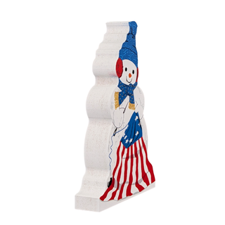 3/4" thick wooden snowman sewing american flag on white background