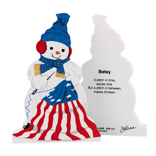 3/4" thick wooden snowman sewing american flag on white background