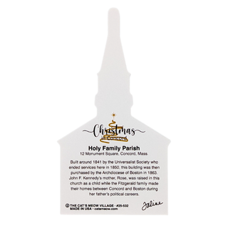 back of product with black text about Holy Family Parish in Concord, Massachusetts.