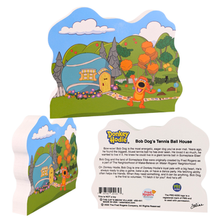 3/4" thick Wooden replica of Donkey Hodie, Bob Dog's Tennis Ball House handcrafted by The Cat's Meow Village in the USA. Licensed by Fred Rogers Productions & PBS Kids.