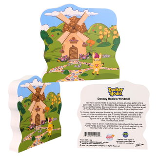 3/4" thick Wooden replica of Donkey Hodie, Windmill handcrafted by The Cat's Meow Village in the USA. Licensed by Fred Rogers Productions & PBS Kids.