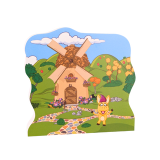 3/4" thick Wooden replica of Donkey Hodie, Windmill handcrafted by The Cat's Meow Village in the USA. Licensed by Fred Rogers Productions & PBS Kids.
