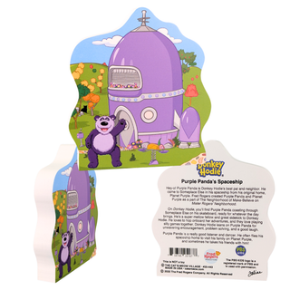 3/4" thick Wooden replica of Donkey Hodie, Purple Panda's Spaceship handcrafted by The Cat's Meow Village in the USA. Licensed by Fred Rogers Productions & PBS Kids.