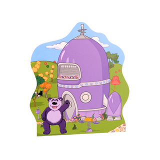 3/4" thick Wooden replica of Donkey Hodie, Purple Panda's Spaceship handcrafted by The Cat's Meow Village in the USA. Licensed by Fred Rogers Productions & PBS Kids.