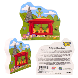 3/4" thick Wooden replica of Trolley & Duck Duck handcrafted by The Cat's Meow Village in the USA. Licensed by Fred Rogers Productions & PBS Kids.