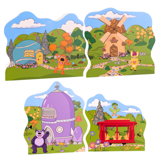 Set of four 3/4" thcik wooden colorful illustration with cartoon characters and buildings on a white background