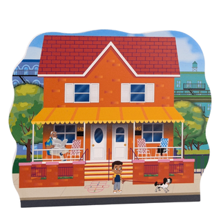 3/4" thick wooden Colorful illustration of a house with a child and dog on a white background