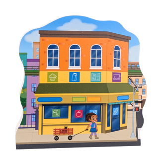 3/4" thick wood Cartoon-style illustration of a colorful building with a child pushing a toy cart.