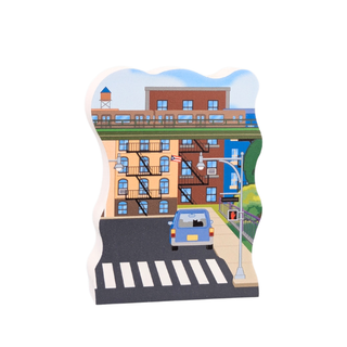 3/4" thick wooden Illustration cityscape with buildings and a car on a white background