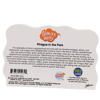 3/4" thick wooden Alma's Way toy packaging with text and branding elements.