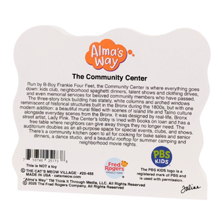 Back of a 3/4" thick wooden product packaging with 'Alma's Way' branding and text.