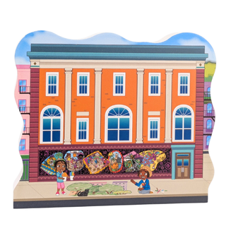 3/4" thick wooden Illustration of a colorful building facade with two children in front