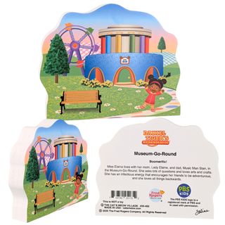 3/4" thick Wooden replica of Daniel Tiger's Neighborhood, Museum-Go-Round handcrafted by The Cat's Meow Village in the USA. Licensed by Fred Rogers Productions & PBS Kids.