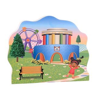 3/4" thick Wooden replica of Daniel Tiger's Neighborhood, Museum-Go-Round handcrafted by The Cat's Meow Village in the USA. Licensed by Fred Rogers Productions & PBS Kids.