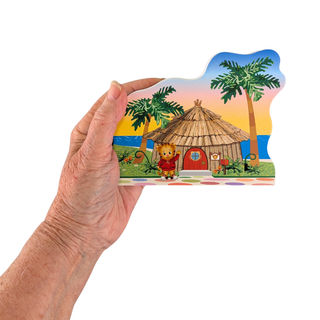 3/4" thick Wooden replica of Daniel Tiger's Neighborhood, Bungalow handcrafted by The Cat's Meow Village in the USA. Licensed by Fred Rogers Productions & PBS Kids.