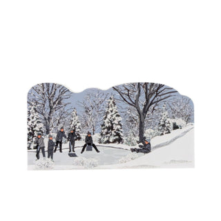 3/4" thick wooden replica with an illustration of a Group of people in winter clothing standing in a snowy landscape with trees.