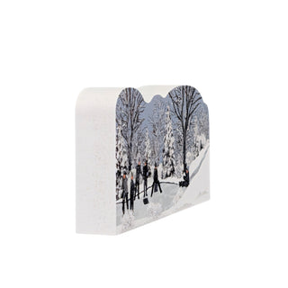 3/4" thick wooden replica with an illustration of a  winter scene of trees and snow on a white background