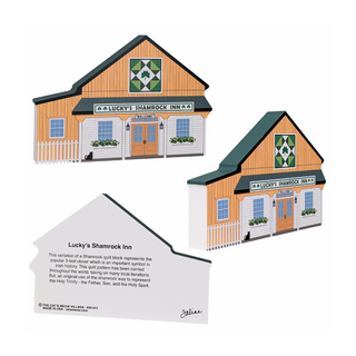 3/4" thick wooden illustration of a model of a building with 'Lucky's Shamrock Inn' sign and a back model with text on a white background