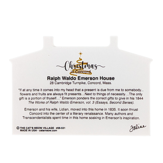 Product back with black text about Ralph Waldo Emerson House on a white background