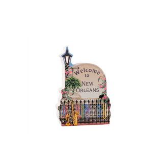 3/4" thick wooden illustration of a Decorative sign with 'Welcome to New Orleans' text, featuring a saxophone and garden design.