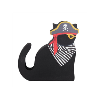 3/4" thick wooden Pirate-themed cat-shaped cutout with a skull and crossbones hat on a white background