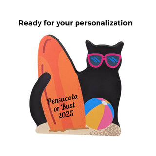 wooden replica with a black cat in a beach scene with personalized words, a orange surfboard and a beach ball 