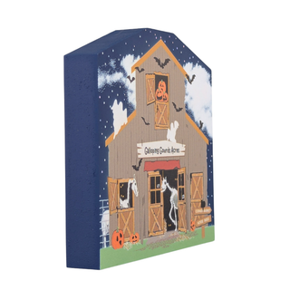 3/4" thick wooden Halloween-themed barn box with ghostly figures and pumpkins on a white background
