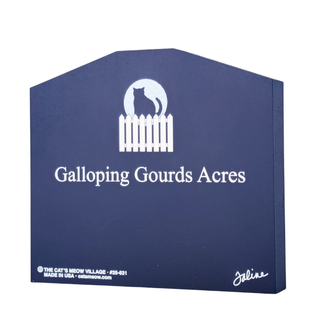 3/4" thick wooden cutout with white text and logo for Galloping Gourds Acres on a white background